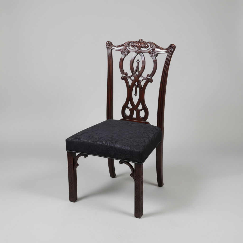 Decorative wooden chair with a black cushion on a gray background
