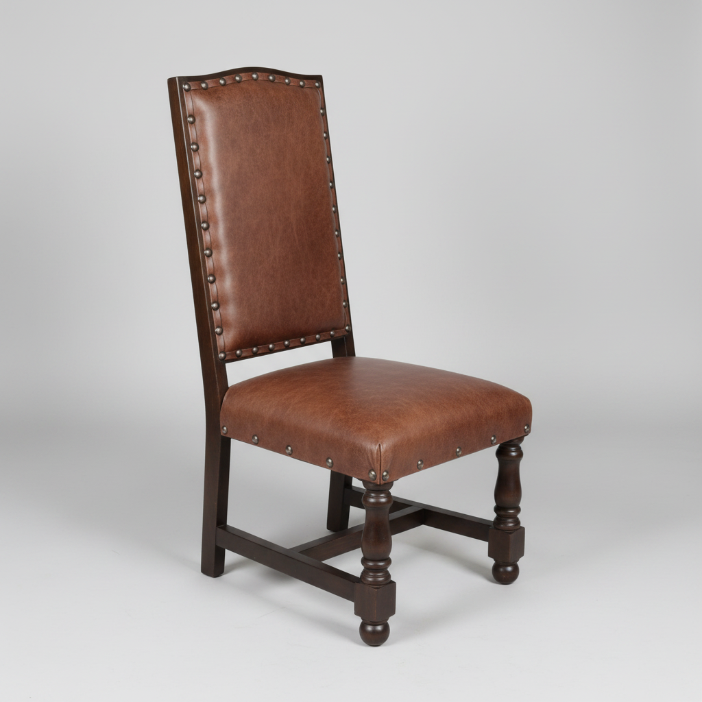 Brown leather chair with wooden legs on a gray background