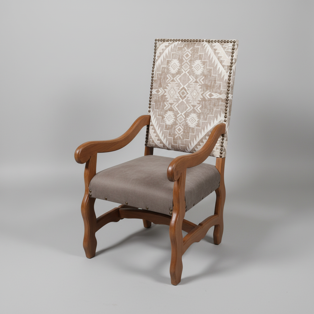 Chair with wooden frame and patterned fabric backrest on a gray background