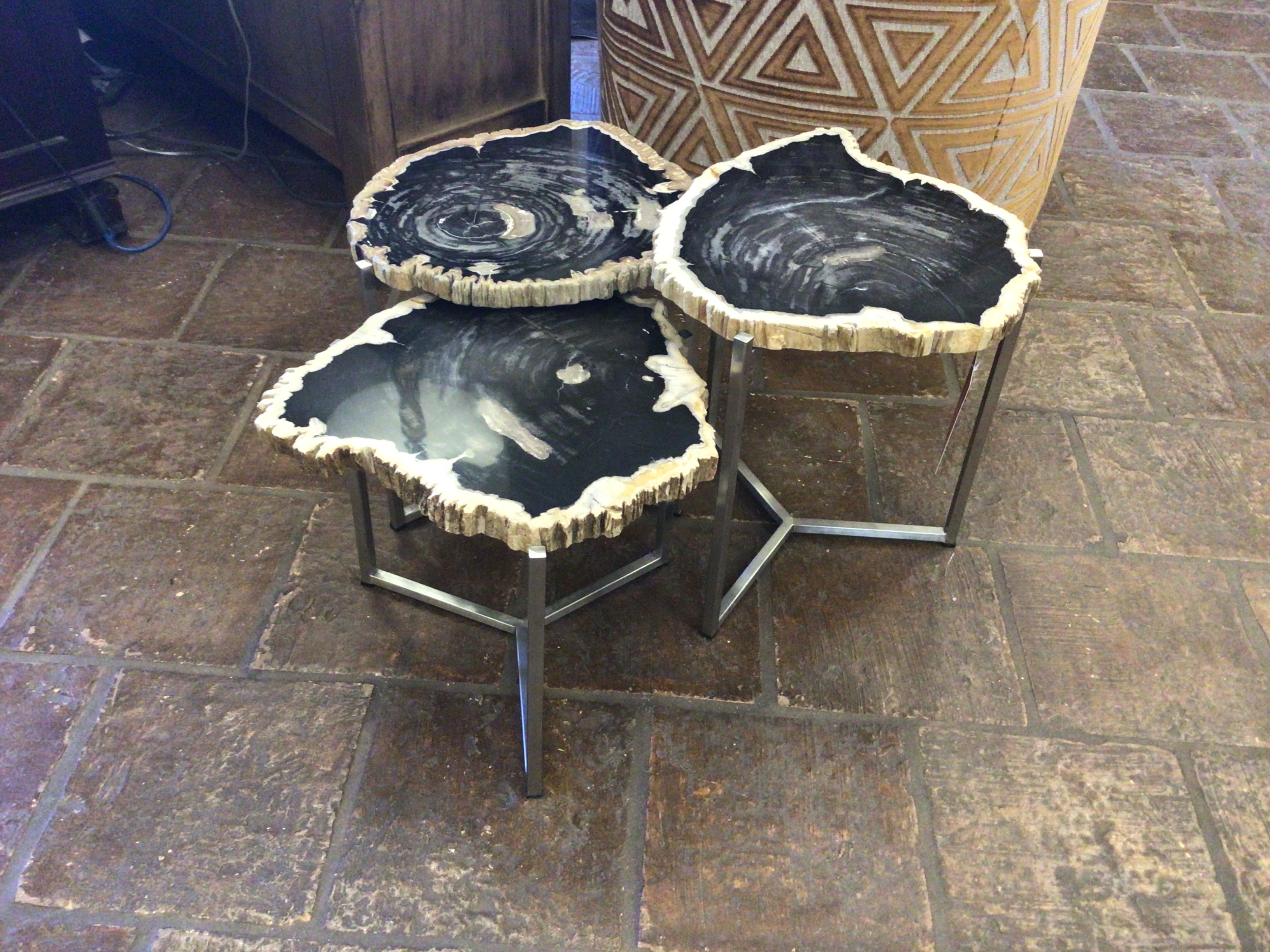 Coffee Table Natural Polish Petrified Wood & Iron Set Of 3