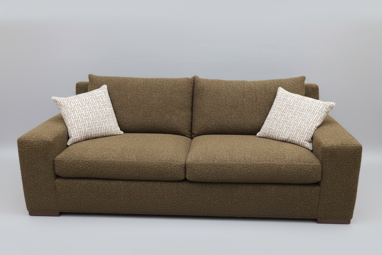 Brown sofa with two white pillows on a gray background