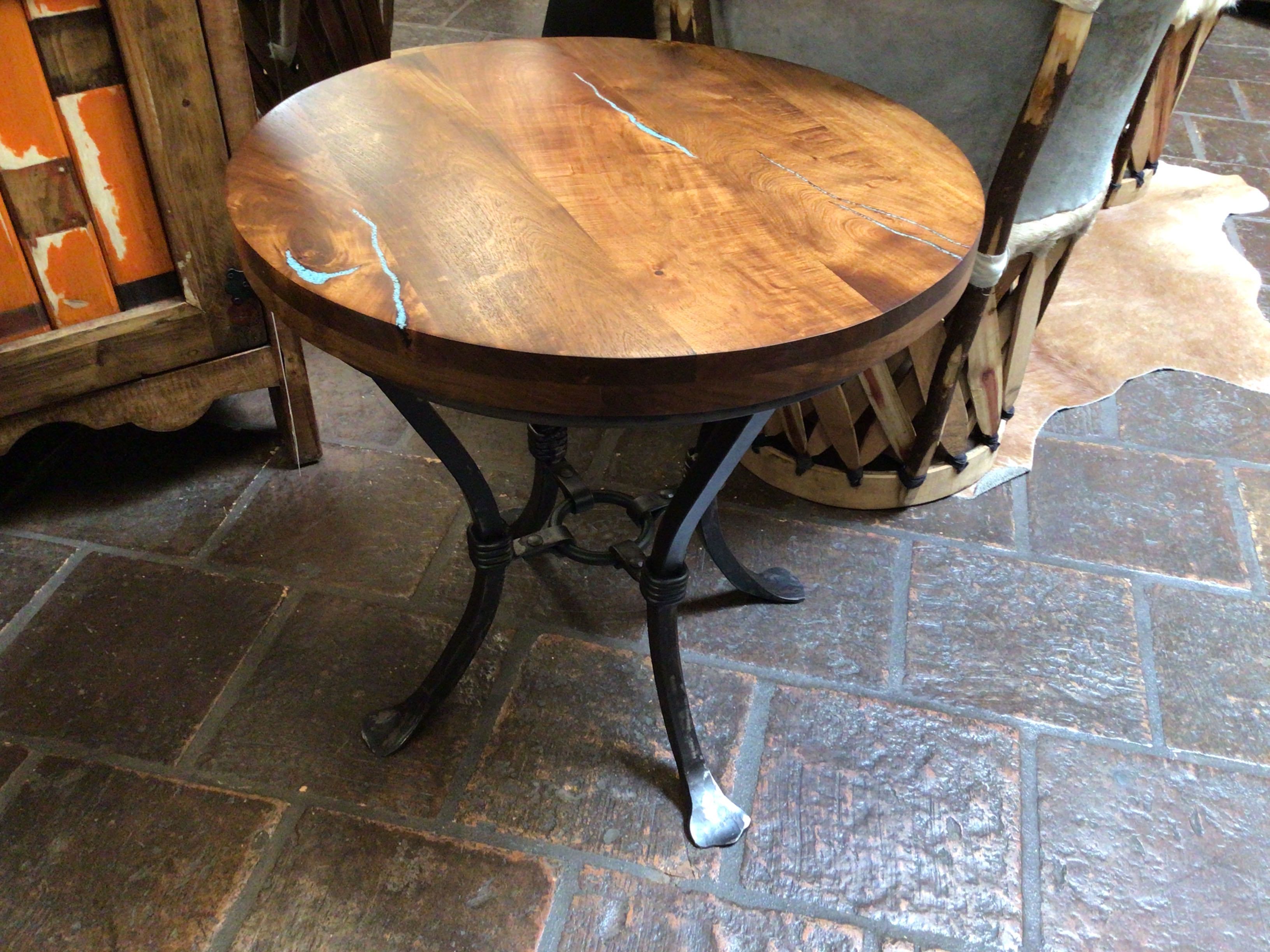 End Table Alamo Distressed Edge Smooth Surface Round 26 2" Edge Mesquite Top Alazan Finish/Turq"
