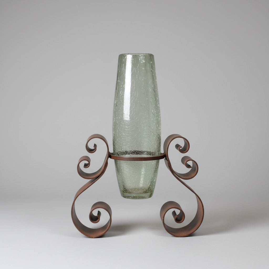 Decorative glass vase on an ornate metal stand against a plain background