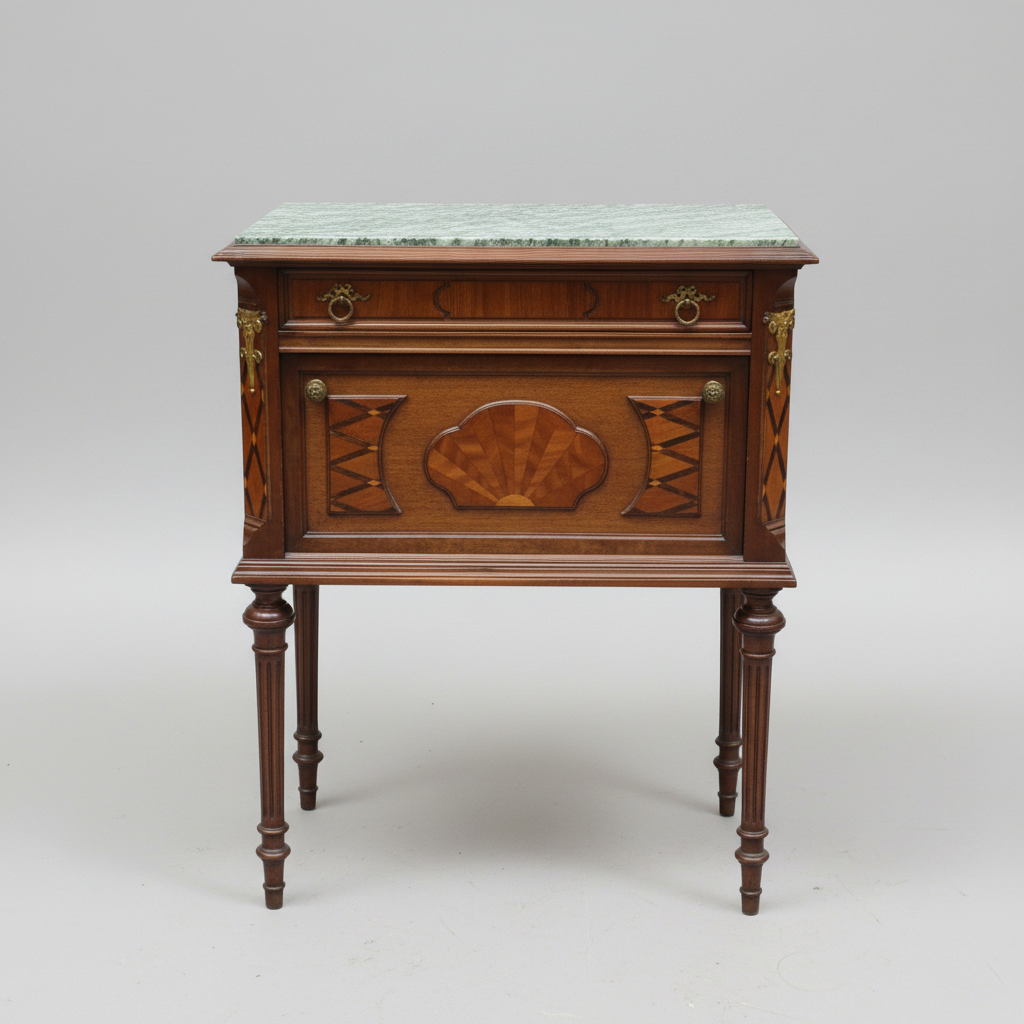 Wooden side table with decorative carvings on a gray background