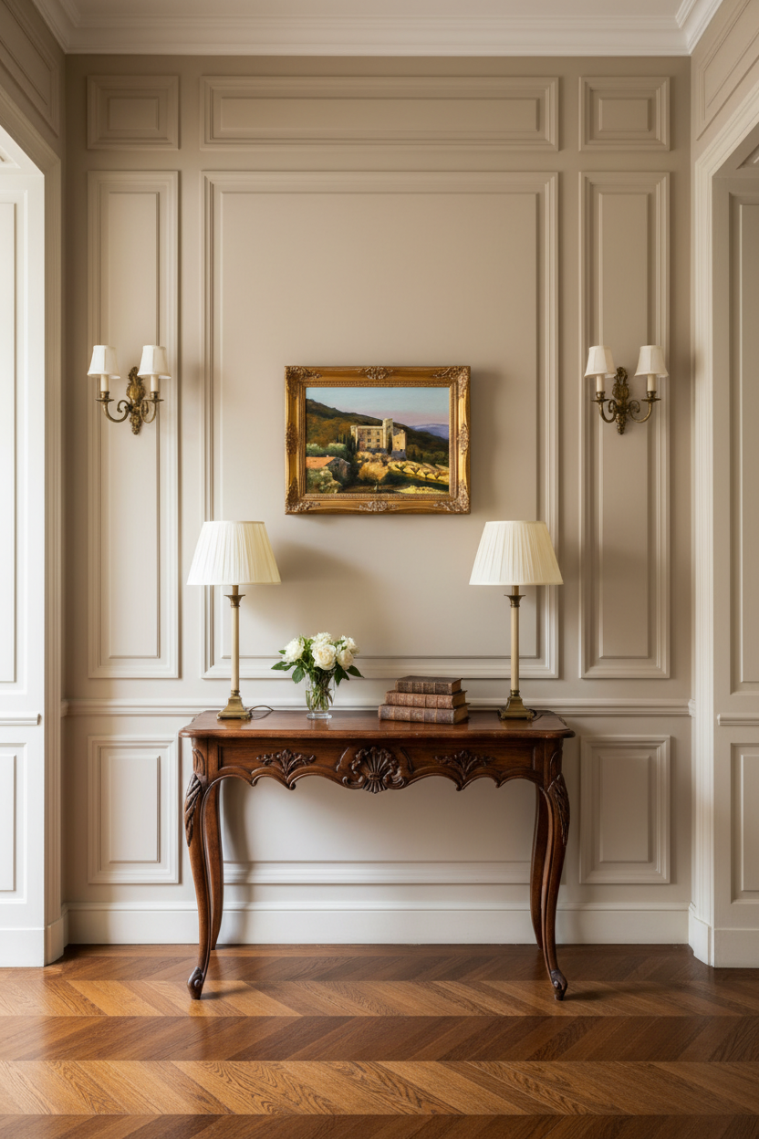Decorative interior with a wooden console table, lamp, and painting on a paneled wall.