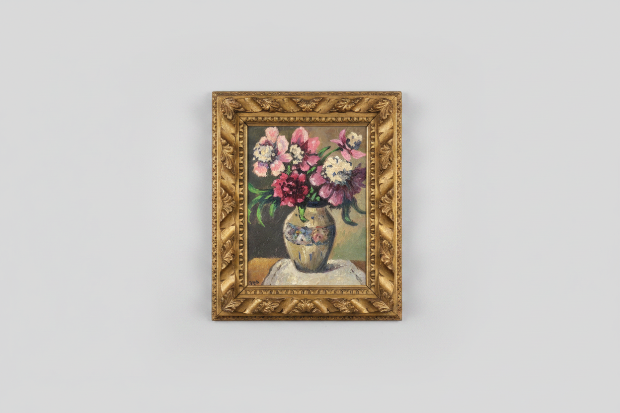 Framed painting of a vase with flowers on a gray background