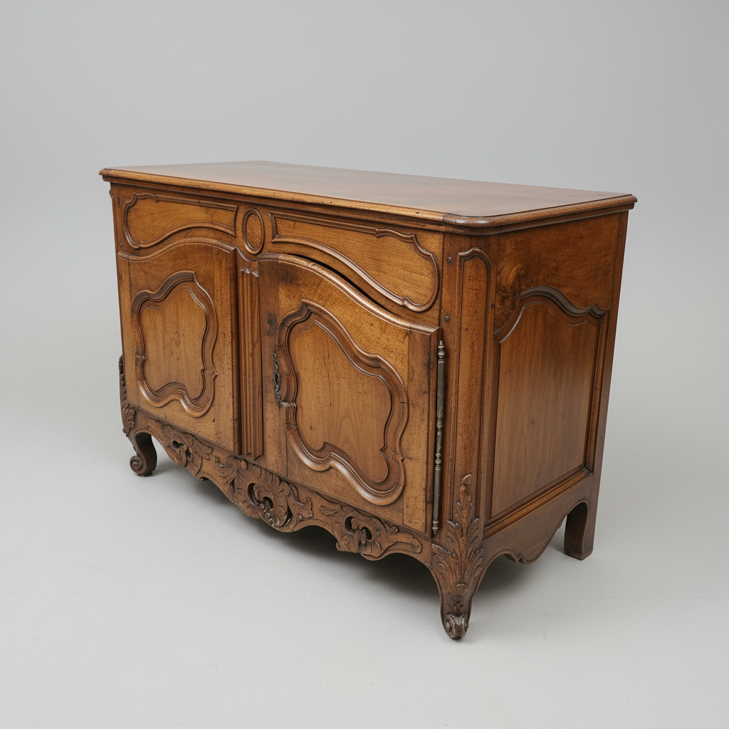 Wooden sideboard with intricate carvings on a gray background