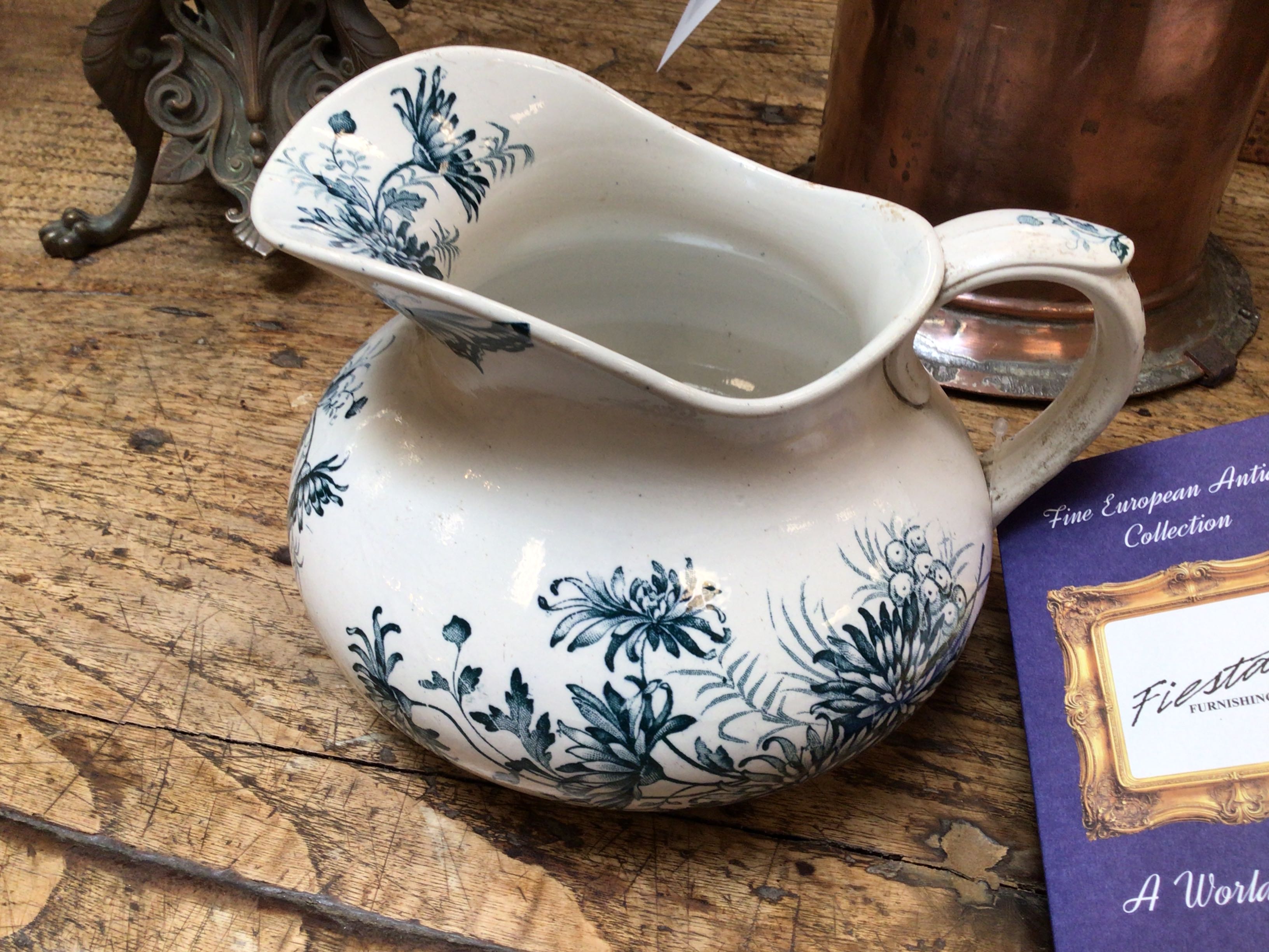 Blue Transferware Floral Pitcher, Circa 1900