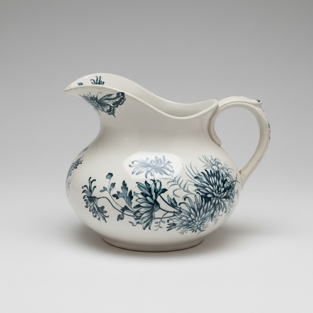 A white ceramic pitcher with a blue floral and butterfly pattern, photographed against a neutral gray background.