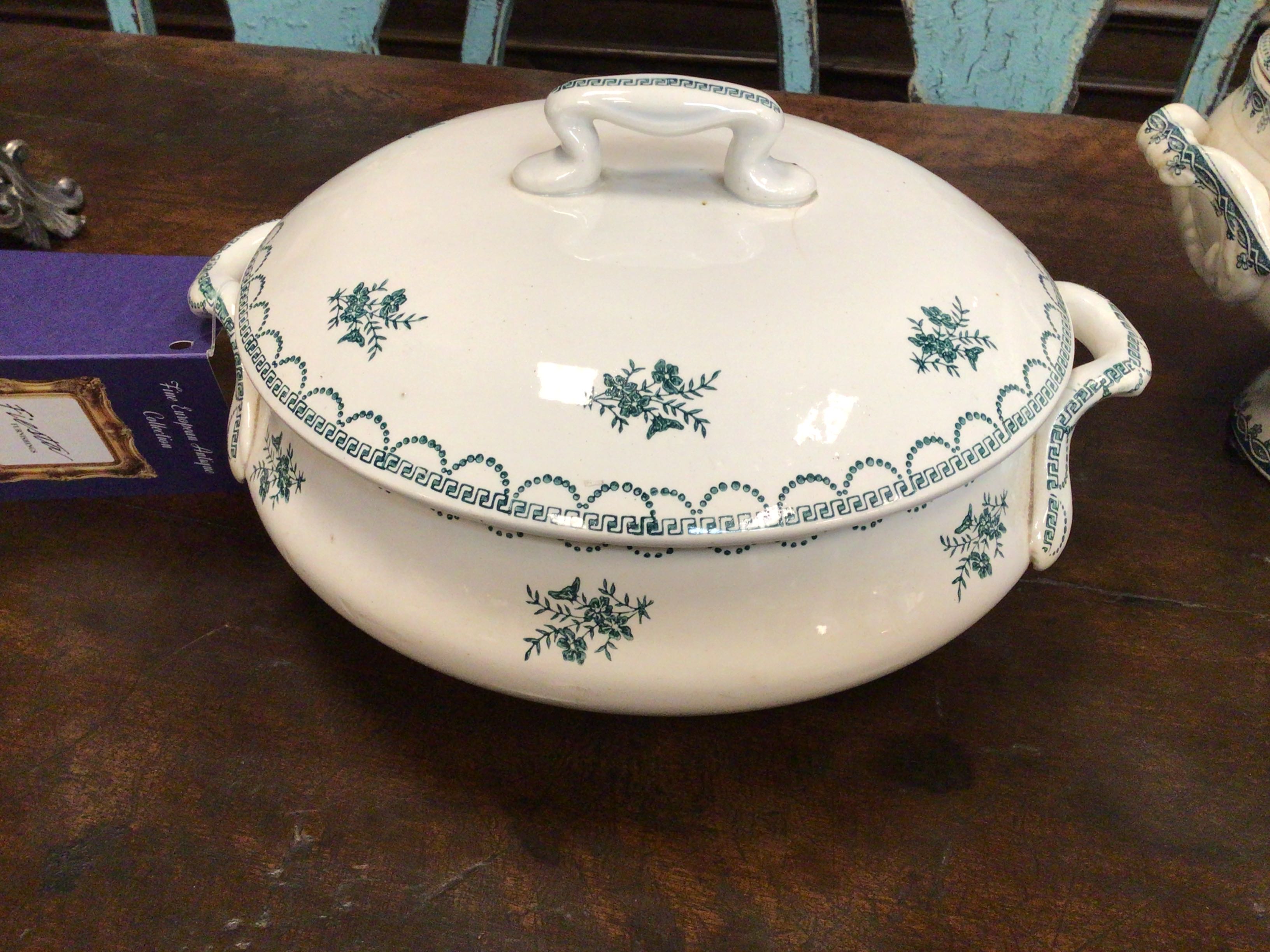 Oval Teal Transferware Soup Tureen, Circa 1900