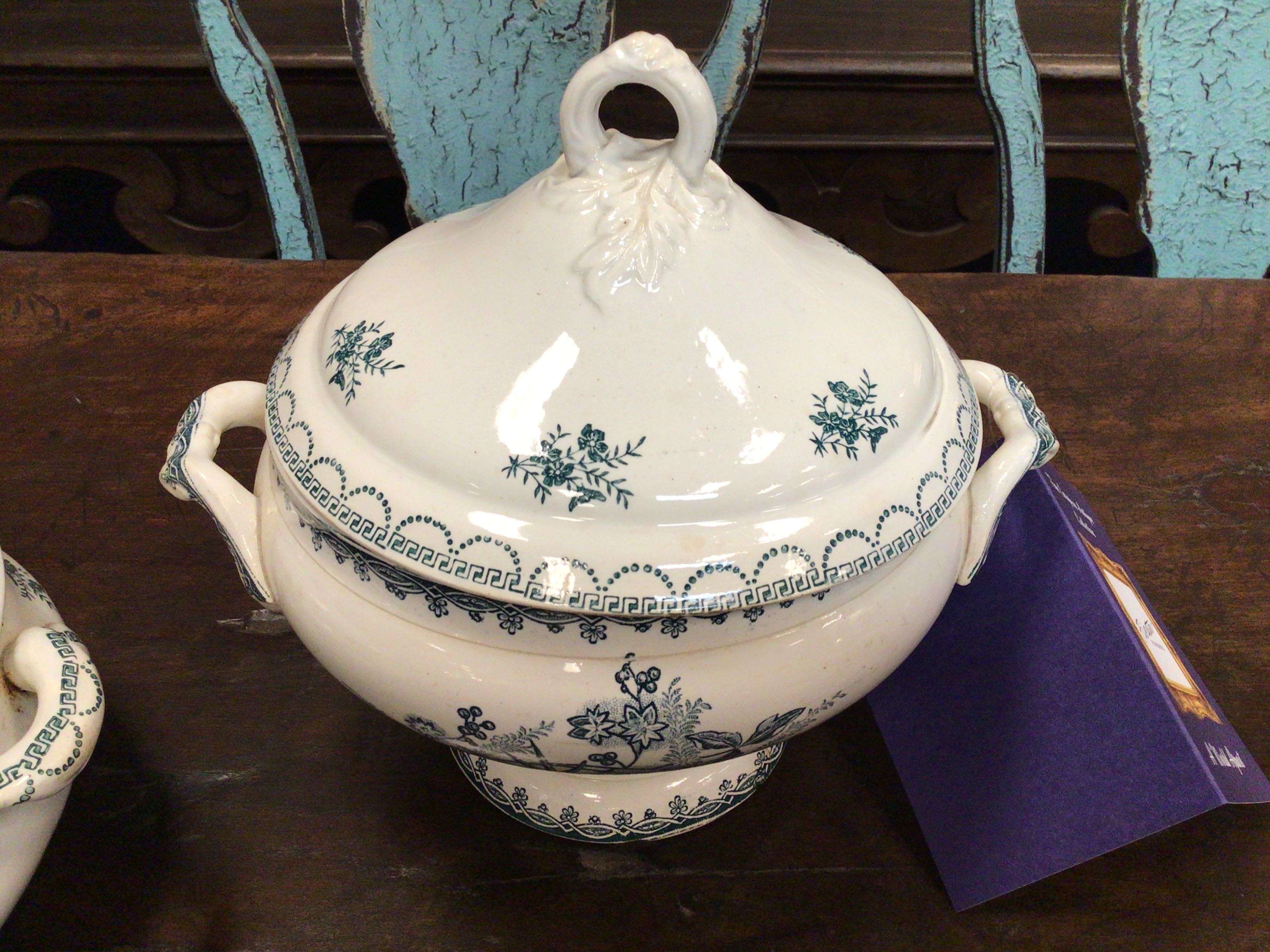 Round Teal Transferware Soup Tureen, Circa 1900