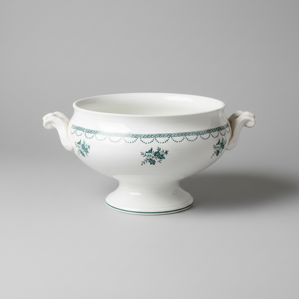 White ceramic bowl with green floral patterns on a gray background