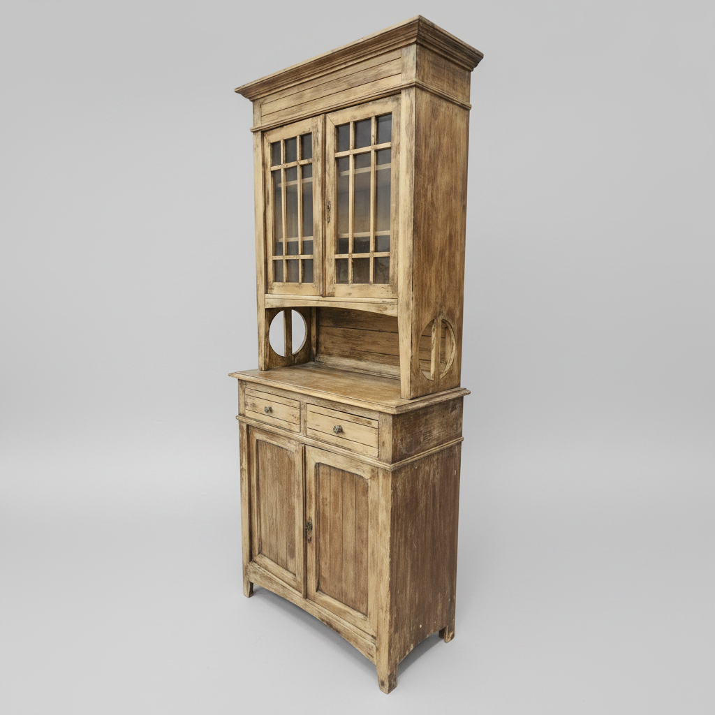 Wooden cabinet with glass doors on a gray background