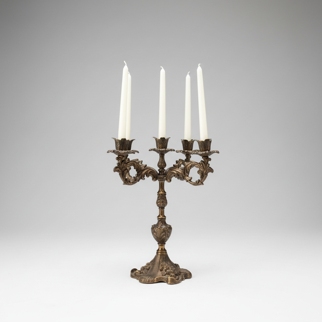 Decorative candle holder with three lit candles on a gray background