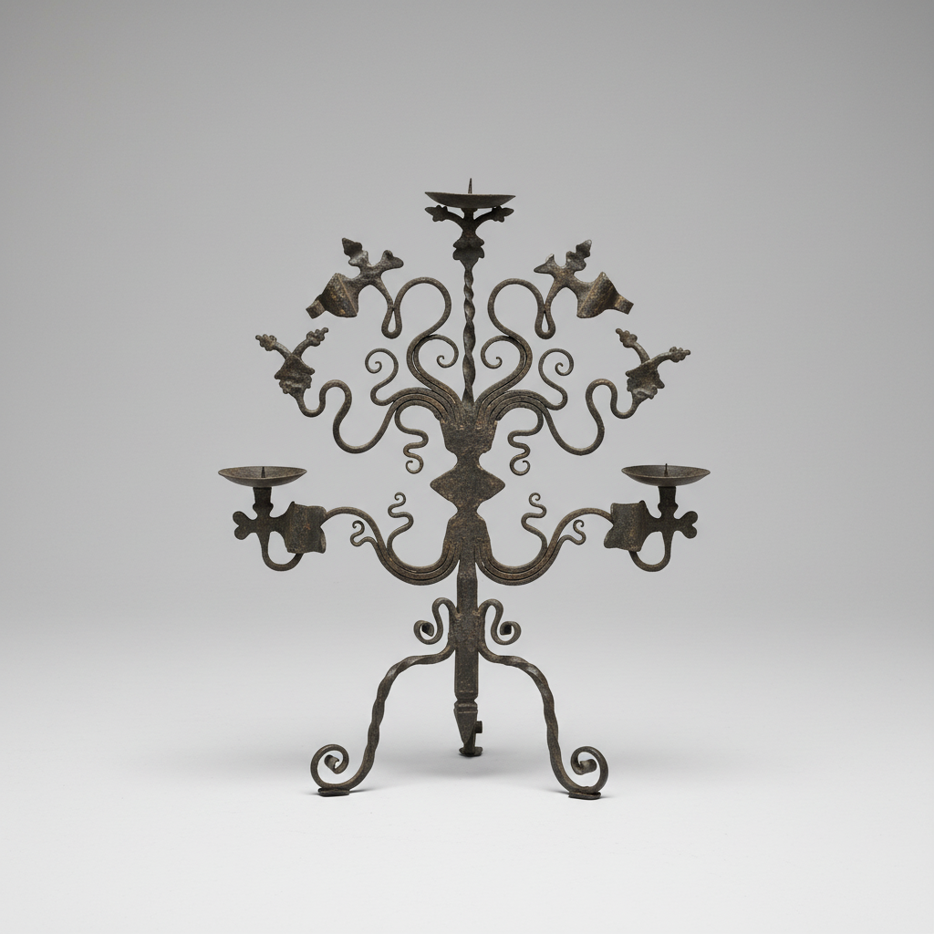 Decorative metal candelabrum on a gray background