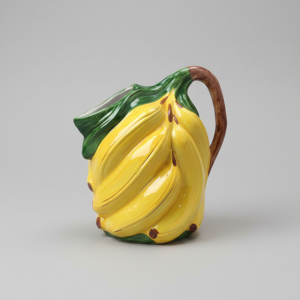 Ceramic pitcher shaped like a bunch of bananas on a gray background