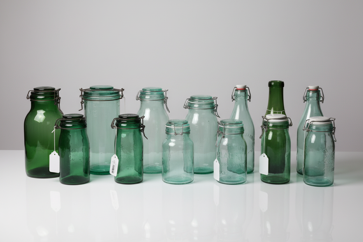 Set of green glass jars with metal lids on a white surface