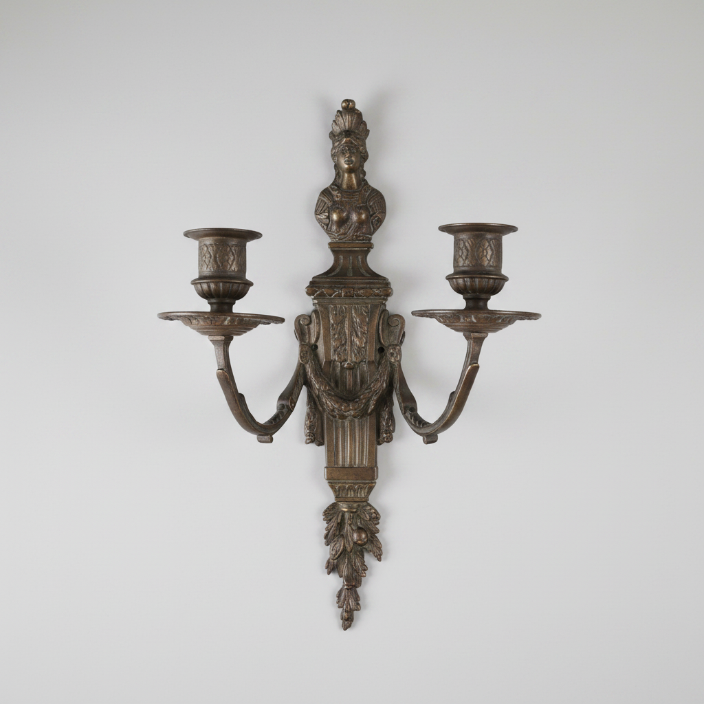 An ornate antique-style two-light wall sconce in a dark bronze finish, featuring a decorative classical figure and acanthus leaf scrollwork, shown against a neutral light gray background.