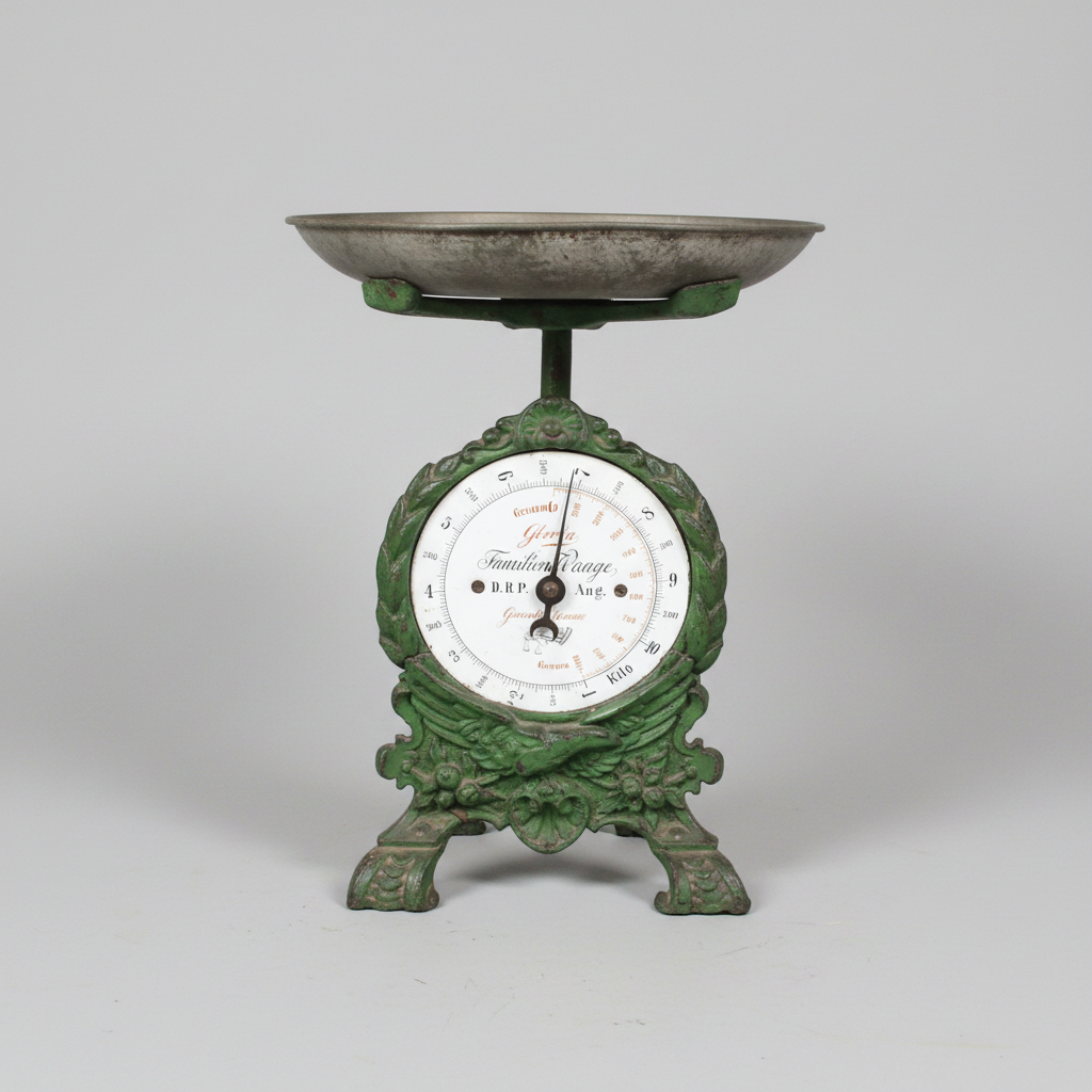 Vintage-style kitchen scale with a green metal frame on a gray background