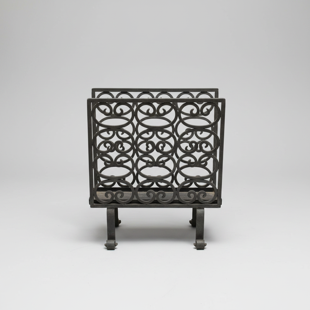 Decorative black metal firegrate on a white background