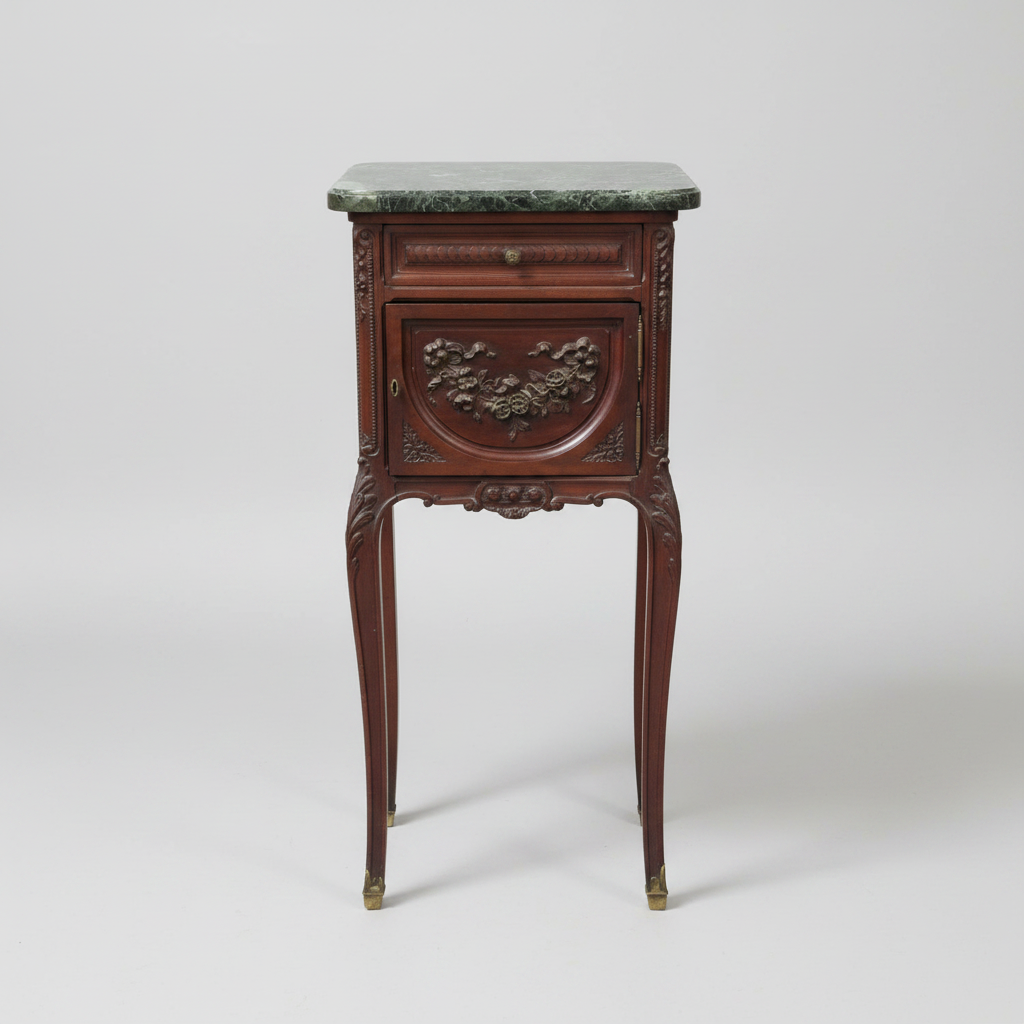 Decorative wooden side table with marble top on a white background