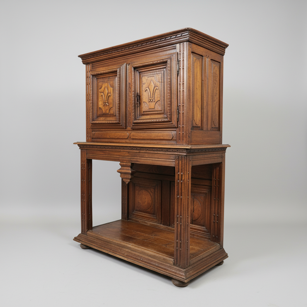 Wooden cabinet with intricate carvings on a gray background
