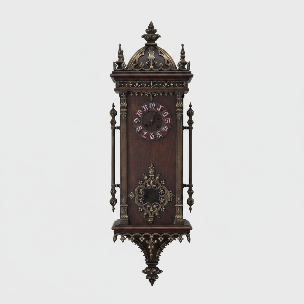 An ornate vintage-style wall clock with a dark brown wood cabinet, intricate gold-toned metal detailing, and a circular clock face with red Roman numerals, shown against a plain light gray background.