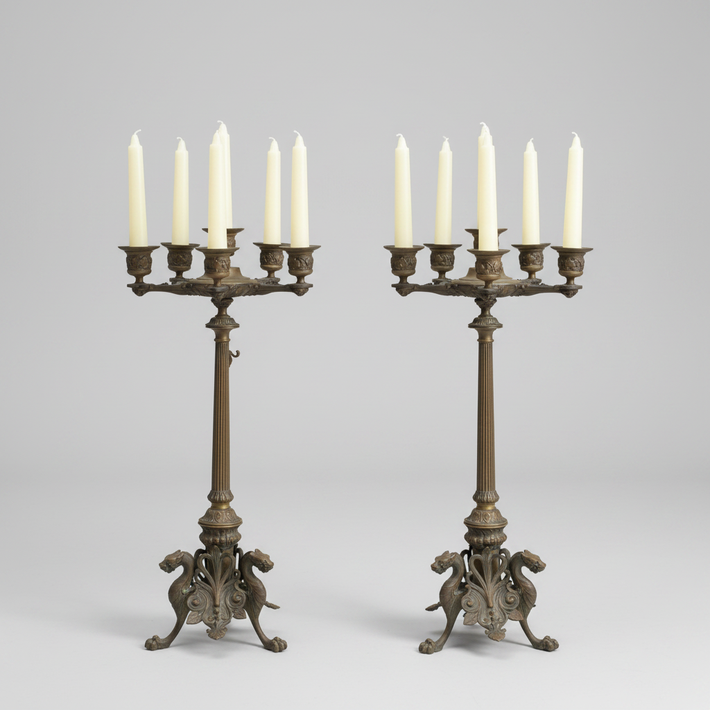 A pair of ornate bronze candelabras with eight white taper candles each, displayed against a neutral light gray background.