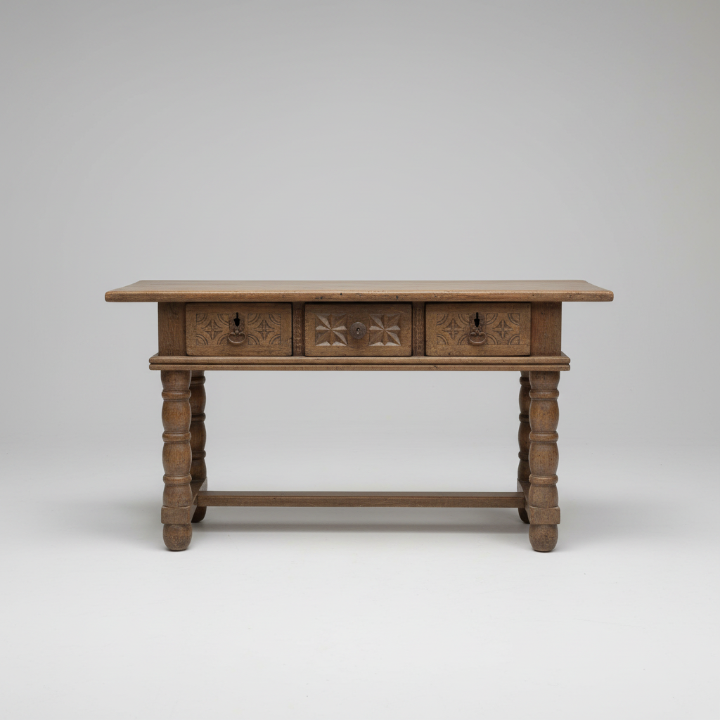 A vintage wooden console table with three carved drawers, turned legs, and a stretcher bar, photographed against a neutral gray background.