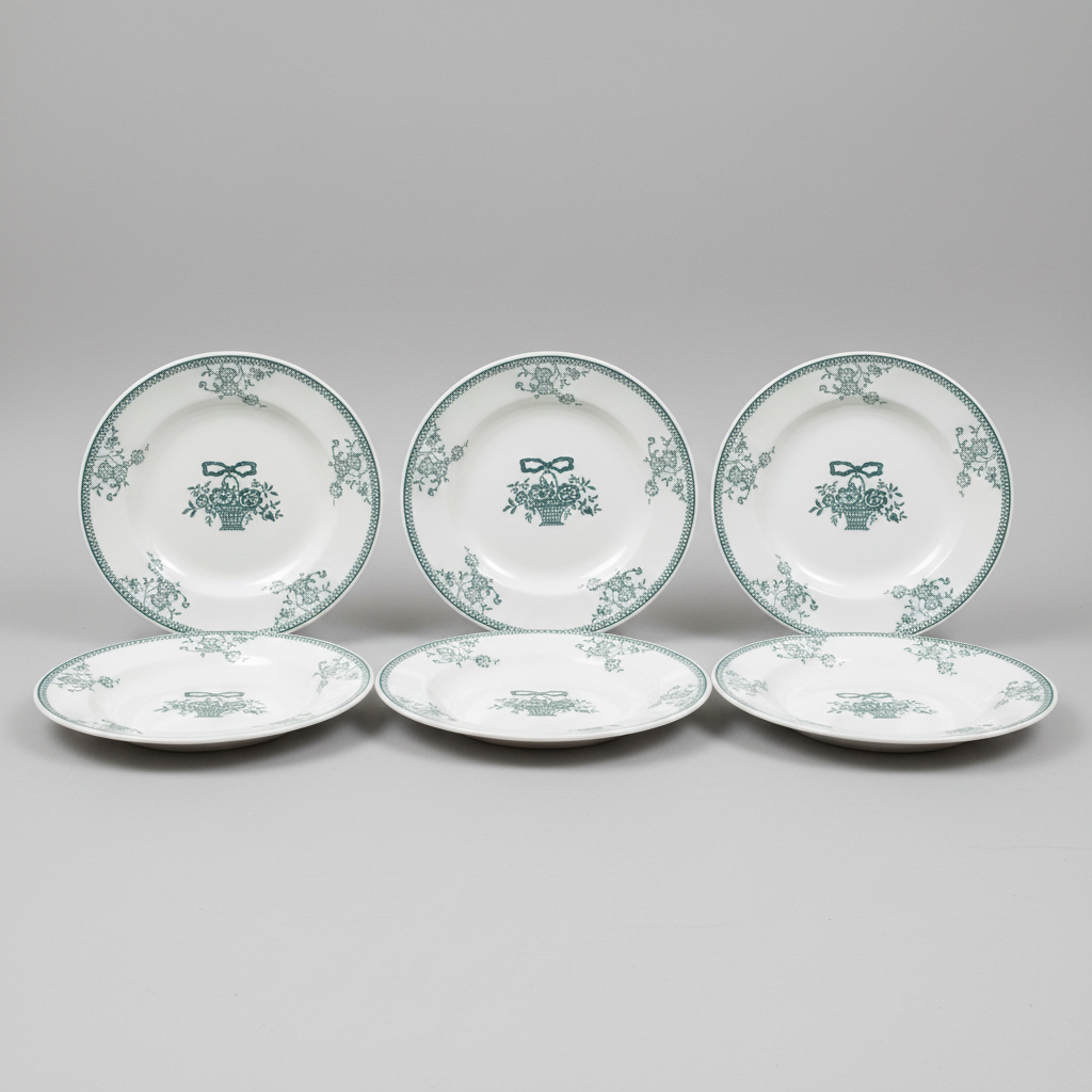 Four white ceramic plates with a green floral and basket pattern, arranged with two standing upright behind two lying flat on a neutral gray background.