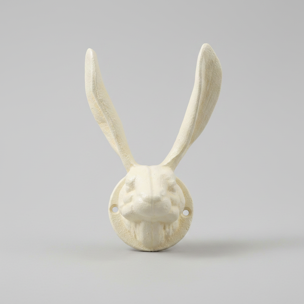 Decorative rabbit head wall mount with a tag on a wooden background