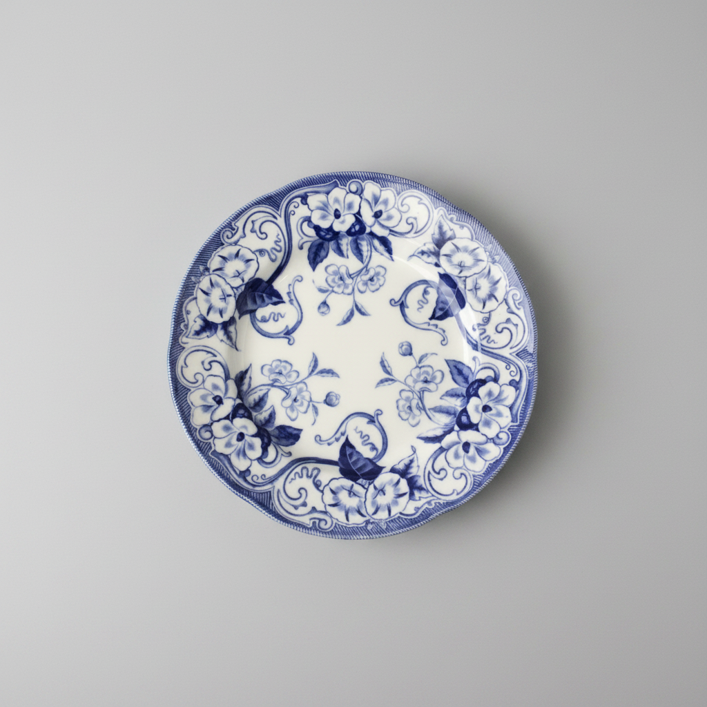 Decorative plate with blue floral and bird pattern on a gray background