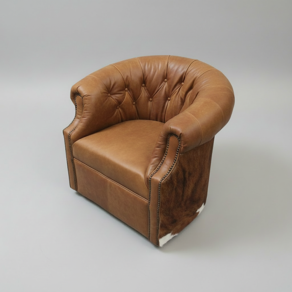 Brown leather armchair on a gray background