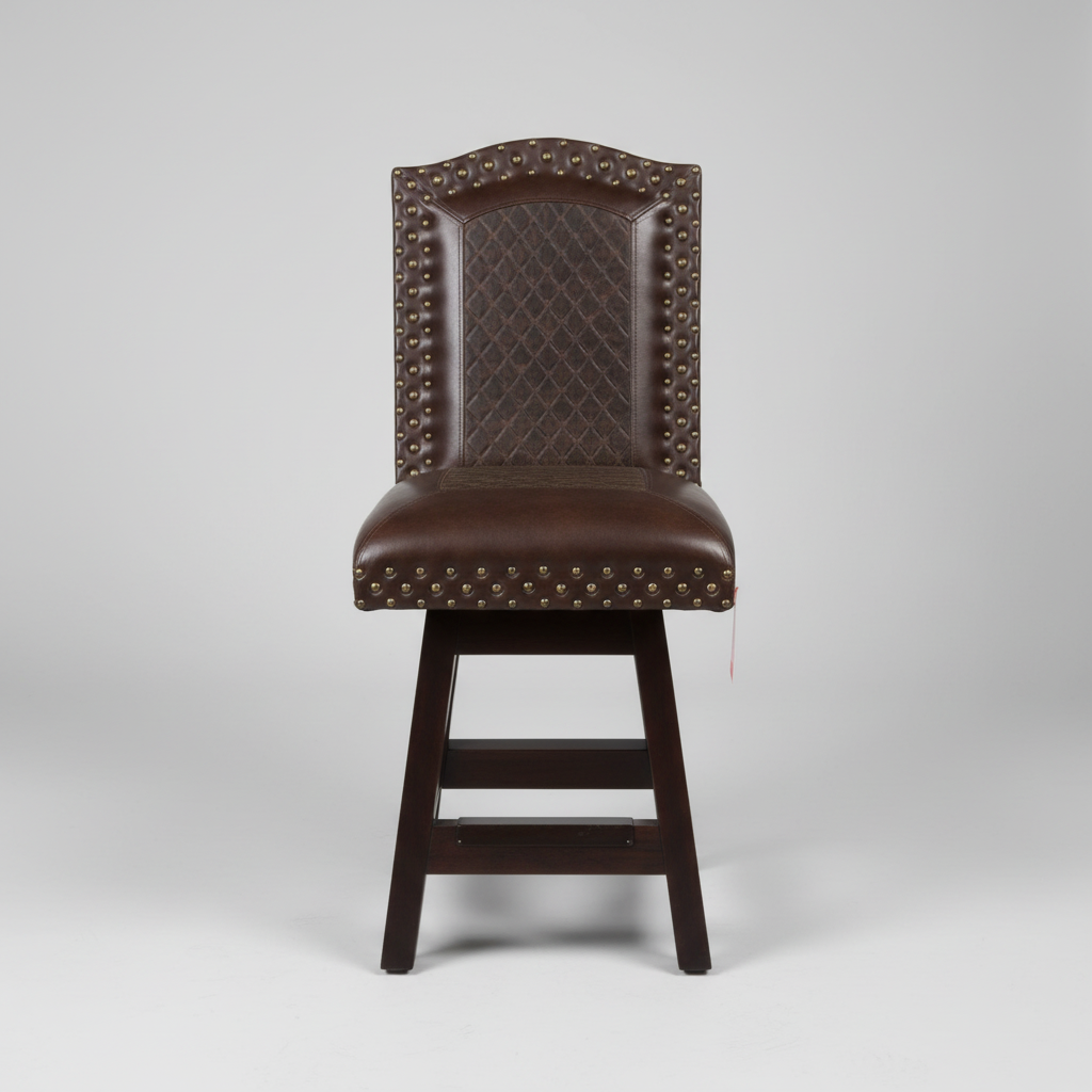 Brown leather bar stool with studded details on a gray background