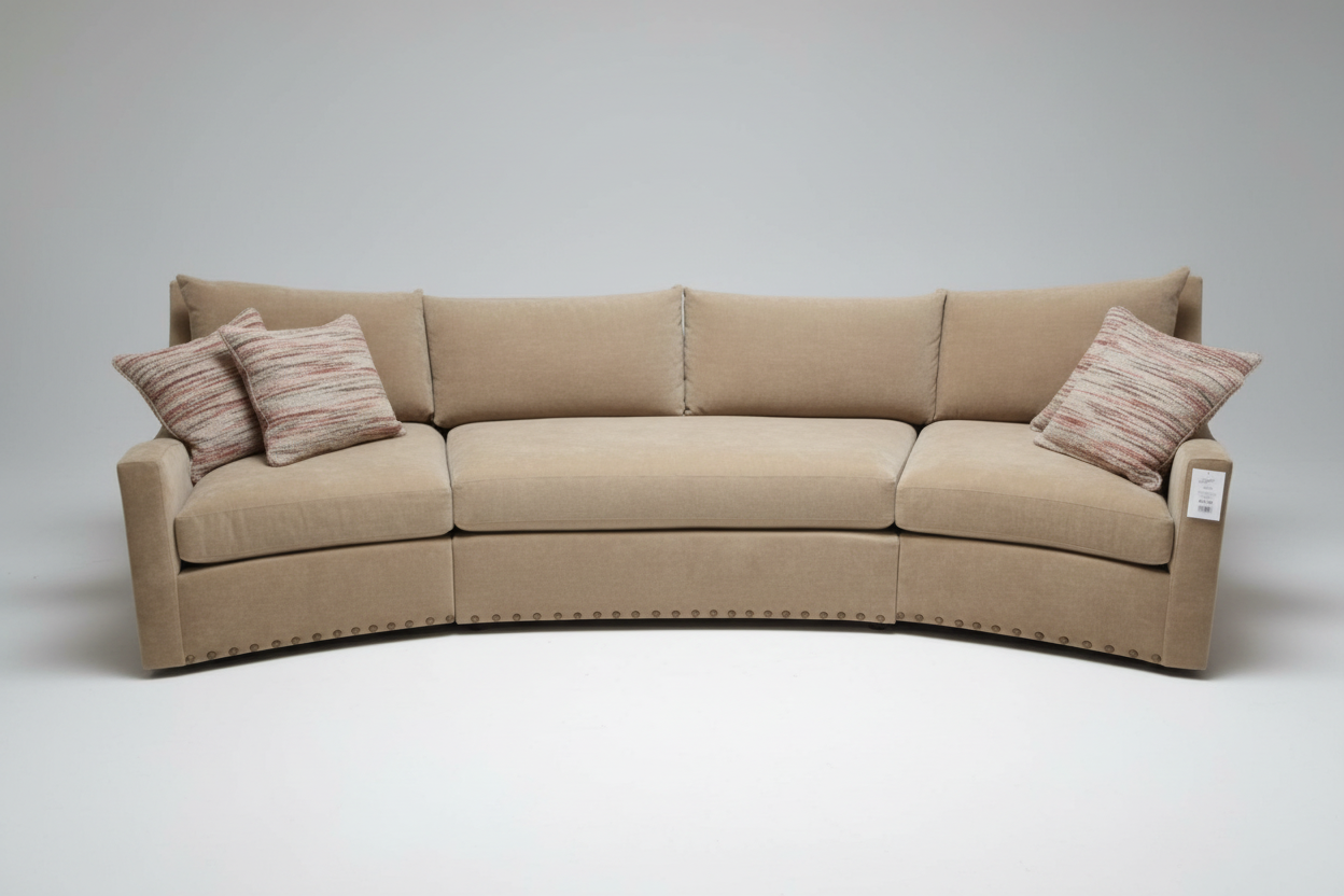 Beige sectional sofa with two cushions on a white background