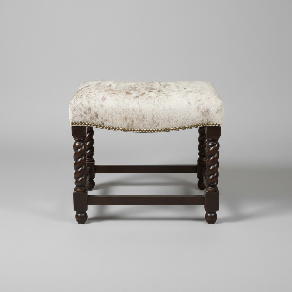 Decorative stool with upholstered seat and wooden legs on a gray background
