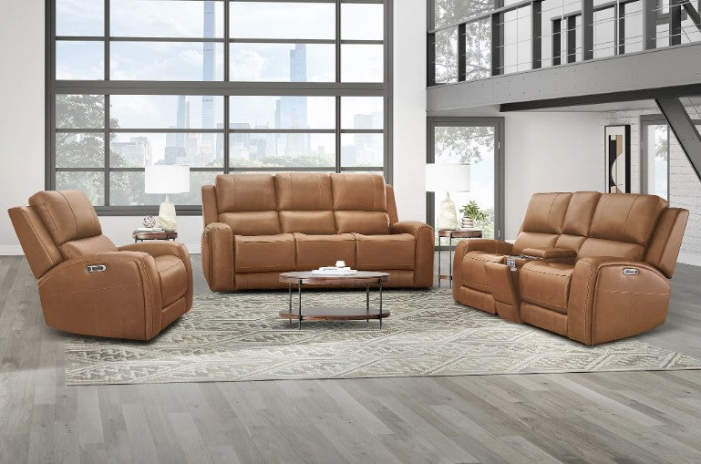 Brown leather reclining sofa set in a modern living room with large windows.