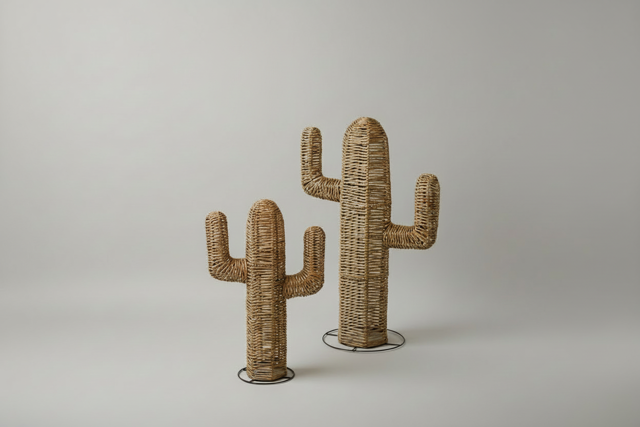 Two woven cactus sculptures on a plain background