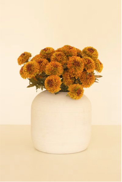 White vase with orange flowers on a beige background