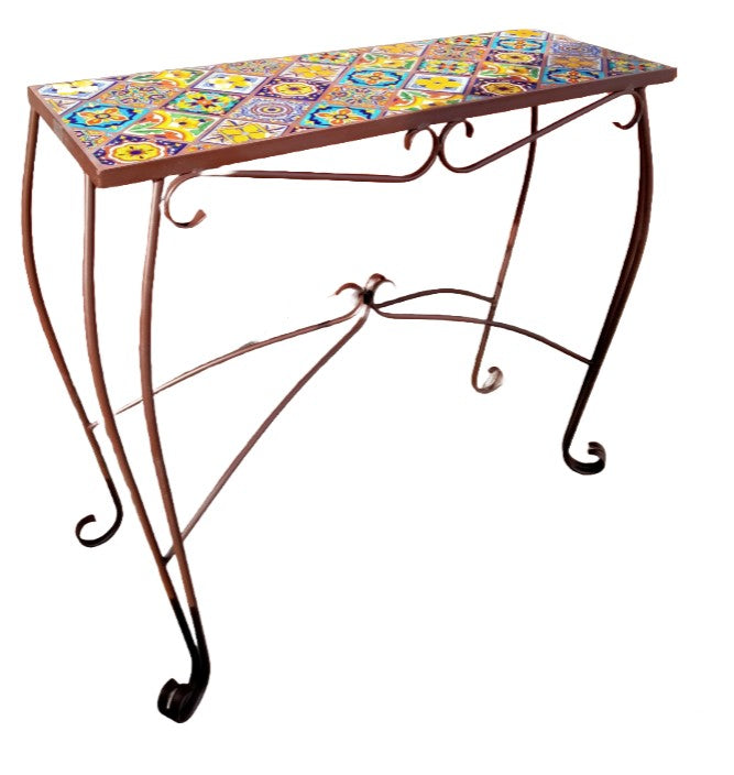 Multicolor Talavera Tile Scrolled Iron Console Table