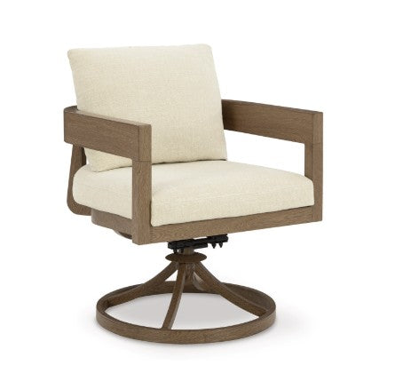 Swivel chair with beige cushion and wooden frame on a white background