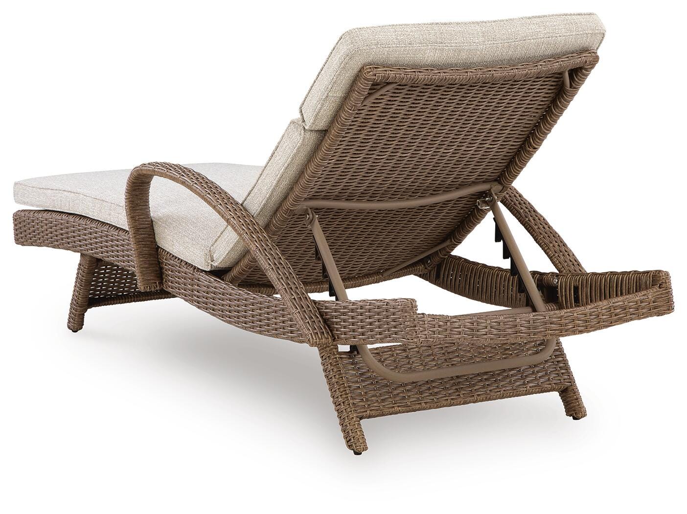 Brown wicker sun lounger with beige cushions on a white background
