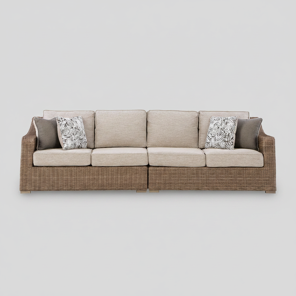 Beige sectional sofa with wicker frame on a light gray background