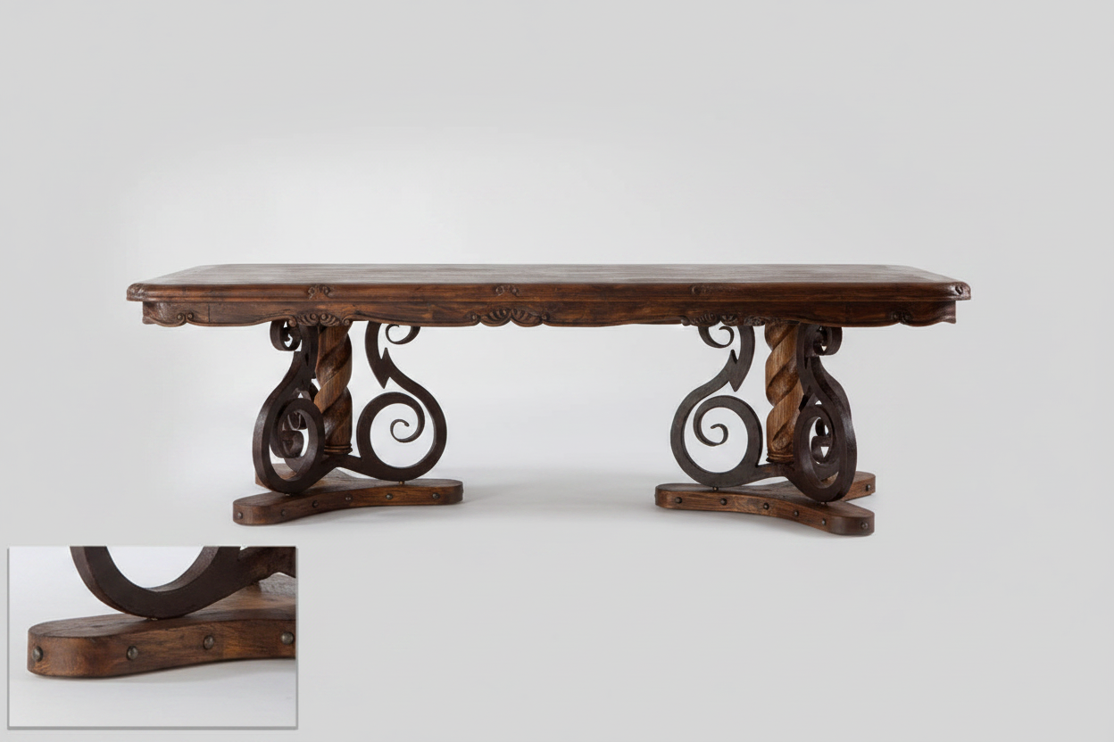 Wooden table with intricate metal legs on a white background