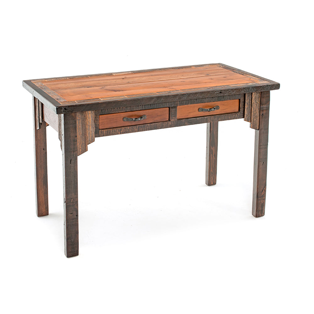 Wooden desk with two drawers on a white background