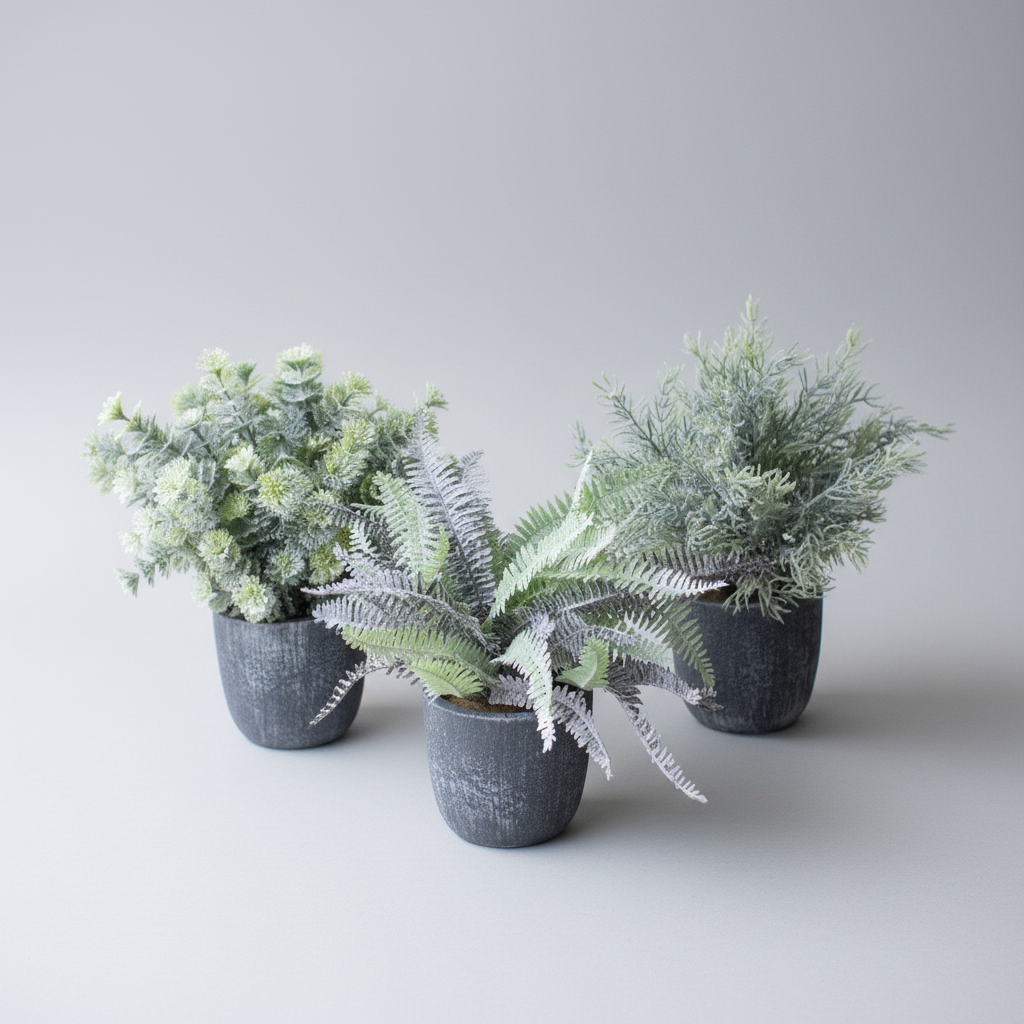 Three potted plants on a light gray background