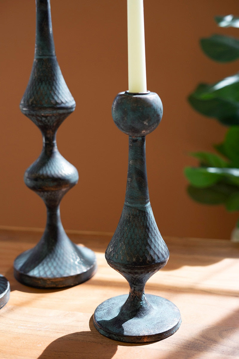 Set of Three Patina Metal Candle Towers