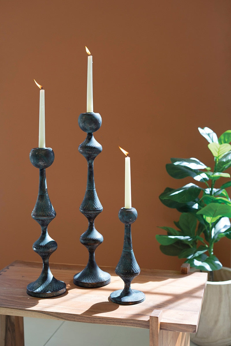 Set of Three Patina Metal Candle Towers