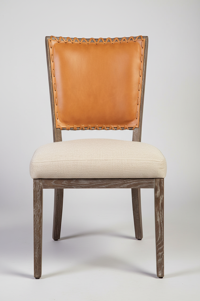 Chair with brown leather backrest and beige cushion on a white background