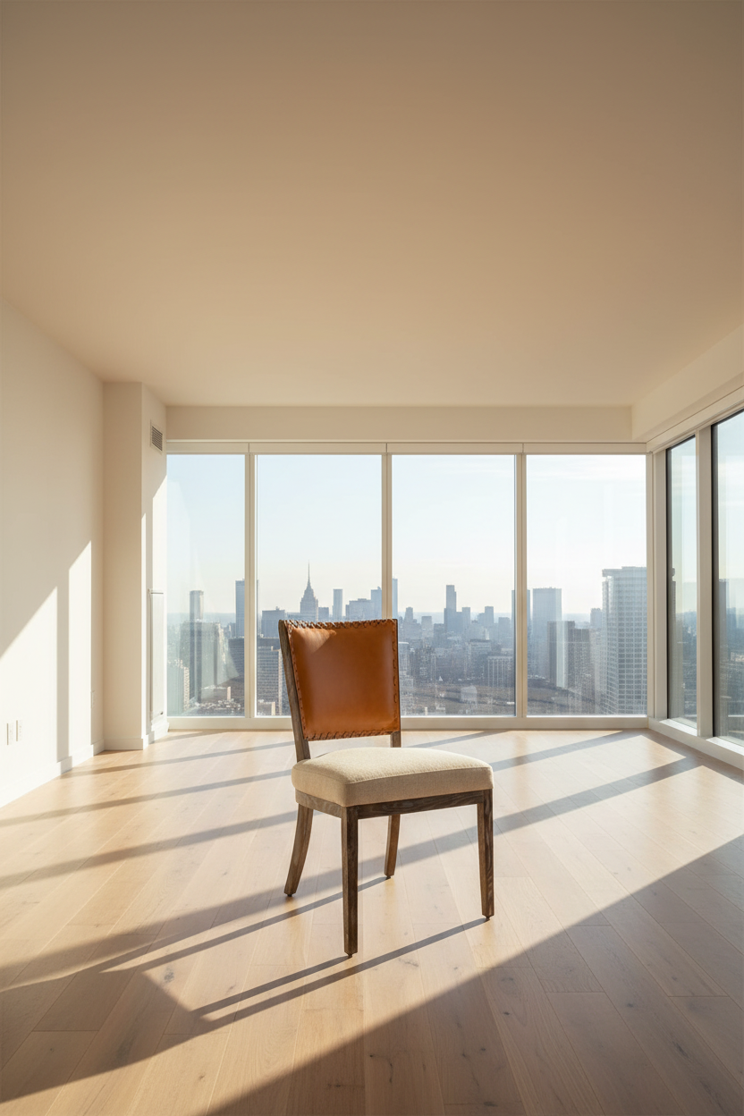 Brown chair in a room with large windows offering a cityscape view.